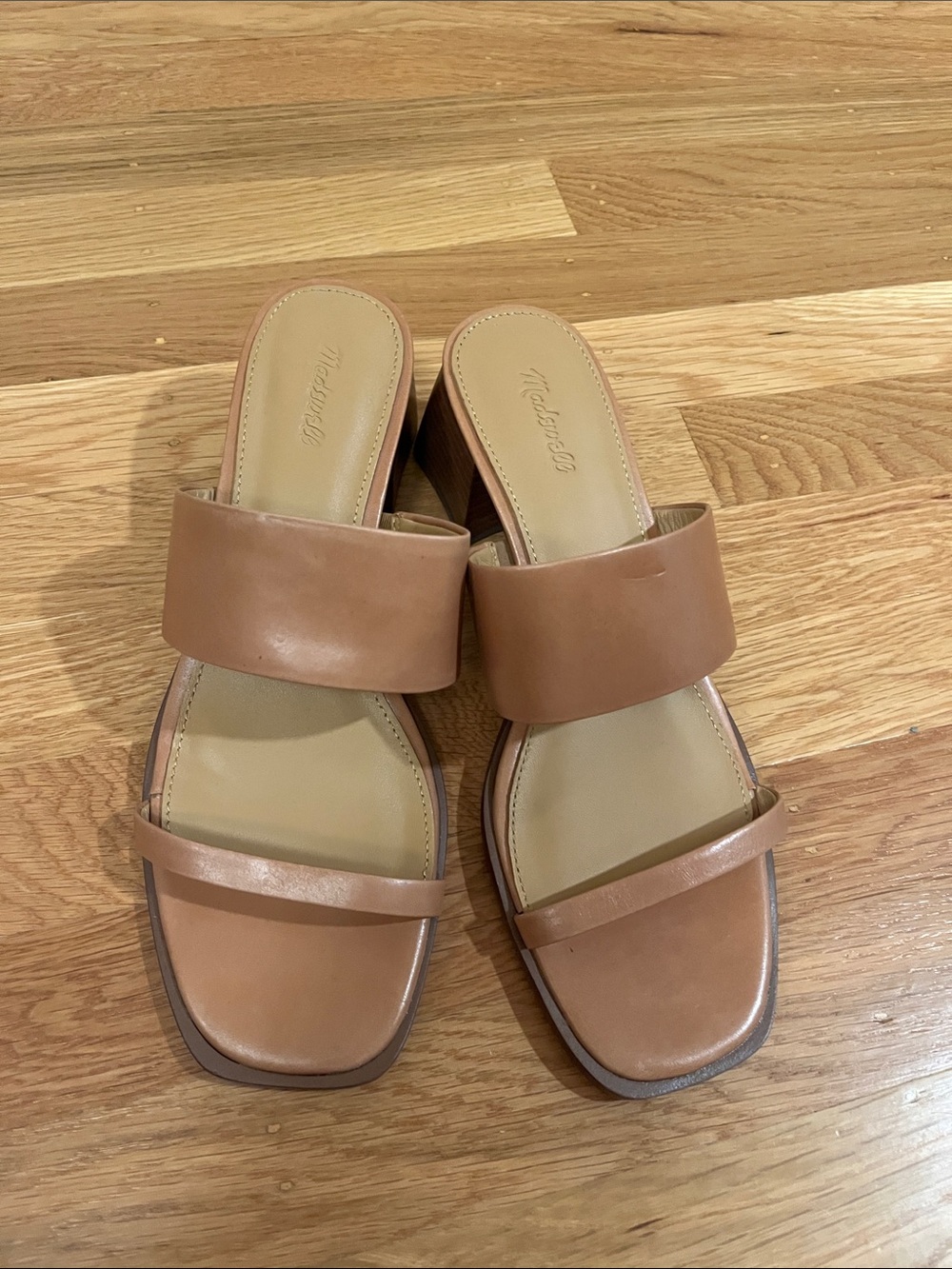 Madewell Tan Leather Two‑Band Slide Mules